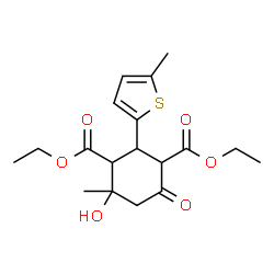 ChemSpider 2D Image | Diethyl 4-hydroxy-4-methyl-2-(5-methyl-2-thienyl)-6-oxo-1,3-cyclohexanedicarboxylate | C18H24O6S