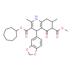 ChemSpider 2D Image | 3-Cycloheptyl 6-methyl 4-(1,3-benzodioxol-5-yl)-2,7-dimethyl-5-oxo-1,4,5,6,7,8-hexahydro-3,6-quinolinedicarboxylate | C28H33NO7