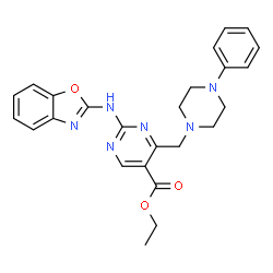 ChemSpider 2D Image | Ethyl 2-(1,3-benzoxazol-2-ylamino)-4-[(4-phenyl-1-piperazinyl)methyl]-5-pyrimidinecarboxylate | C25H26N6O3