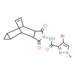 ChemSpider 2D Image | 4-Bromo-N-(3,5-dioxo-4-azatetracyclo[5.3.2.0~2,6~.0~8,10~]dodec-11-en-4-yl)-1-methyl-1H-pyrazole-3-carboxamide | C16H15BrN4O3