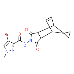 ChemSpider 2D Image | 4-Bromo-N-(3',5'-dioxo-4'-azaspiro[cyclopropane-1,10'-tricyclo[5.2.1.0~2,6~]decane]-8'-en-4'-yl)-1-methyl-1H-pyrazole-3-carboxamide | C16H15BrN4O3