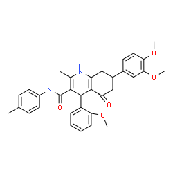 ChemSpider 2D Image | 7-(3,4-Dimethoxyphenyl)-4-(2-methoxyphenyl)-2-methyl-N-(4-methylphenyl)-5-oxo-1,4,5,6,7,8-hexahydro-3-quinolinecarboxamide | C33H34N2O5