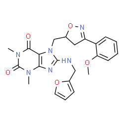 ChemSpider 2D Image | 8-[(2-Furylmethyl)amino]-7-{[3-(2-methoxyphenyl)-4,5-dihydro-1,2-oxazol-5-yl]methyl}-1,3-dimethyl-3,7-dihydro-1H-purine-2,6-dione | C23H24N6O5