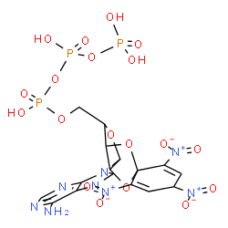 ChemSpider 2D Image | 9-[5-O-(Hydroxy{[hydroxy(phosphonooxy)phosphoryl]oxy}phosphoryl)-2,3-O-(2,4,6-trinitro-2,5-cyclohexadiene-1,1-diyl)pentofuranosyl]-9H-purin-6-amine | C16H17N8O19P3