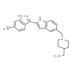 ChemSpider 2D Image | 3-(5-{[4-(Aminomethyl)-1-piperidinyl]methyl}-1H-indol-2-yl)-1H-indazole-6-carbonitrile | C23H24N6
