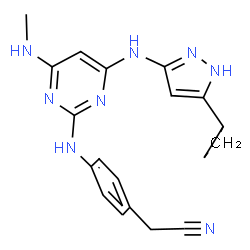 ChemSpider 2D Image | [4-({4-[(5-Cyclopropyl-1H-pyrazol-3-yl)amino]-6-(methylamino)-2-pyrimidinyl}amino)phenyl]acetonitrile | C19H20N8