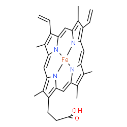 ChemSpider 2D Image | [3-(3,7,12,17,18-Pentamethyl-8,13-divinyl-22,24-dihydro-2-porphyrinyl-kappa~4~N~21~,N~22~,N~23~,N~24~)propanoato(4-)]iron | C32H30FeN4O2