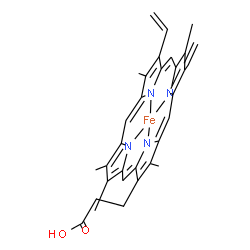 ChemSpider 2D Image | [3-(3,8,13,17,18-Pentamethyl-7,12-divinyl-22,24-dihydro-2-porphyrinyl-kappa~4~N~21~,N~22~,N~23~,N~24~)propanoato(4-)]iron | C32H30FeN4O2
