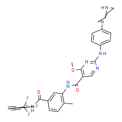 ChemSpider 2D Image | N-(5-{[2-Fluoro-3-(trifluoromethyl)phenyl]carbamoyl}-2-methylphenyl)-4-methoxy-2-{[4-(1-piperazinyl)phenyl]amino}-5-pyrimidinecarboxamide | C31H29F4N7O3
