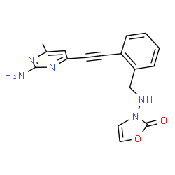 ChemSpider 2D Image | 3-({2-[(2-Amino-6-methyl-4-pyrimidinyl)ethynyl]benzyl}amino)-1,3-oxazol-2(3H)-one | C17H15N5O2