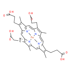 ChemSpider 2D Image | [3,3',3'',3'''-(3,8,13,17-Tetramethyl-2,7,12,18-porphyrintetrayl-kappa~4~N~21~,N~22~,N~23~,N~24~)tetrapropanoato(2-)]iron(2+) | C36H36FeN4O8