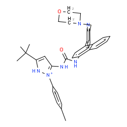 ChemSpider 2D Image | 2-(4-Methylphenyl)-5-(2-methyl-2-propanyl)-3-[({4-[6-(4-morpholinylmethyl)-3-pyridinyl]-1-naphthyl}carbamoyl)amino]-1H-pyrazol-2-ium | C35H39N6O2