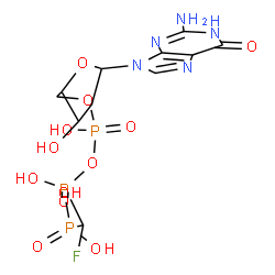 ChemSpider 2D Image | 2-Amino-9-{2-deoxy-5-O-[({[fluoro(phosphono)methyl](hydroxy)phosphoryl}oxy)(hydroxy)phosphoryl]pentofuranosyl}-1,9-dihydro-6H-purin-6-one | C11H17FN5O12P3