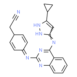 ChemSpider 2D Image | [4-({4-[(5-Cyclopropyl-1H-pyrazol-3-yl)amino]-2-quinazolinyl}imino)-2,5-cyclohexadien-1-yl]acetonitrile | C22H19N7