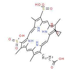 ChemSpider 2D Image | 3,3'-(3,7,12,17-Tetramethyl-8,13-disulfo-22,24-dihydroporphyrin-2,18-diyl)dipropanoic acid | C30H32N4O10S2