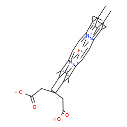 ChemSpider 2D Image | {3,3'-[9,14-Diethyl-4,10,13,19-tetramethyl-21,22,23,24-tetraazapentacyclo[16.2.1.1~2,5~.1~8,11~.1~12,15~]tetracosa-1,3,5(24),6,8,10,12(22),13,15,17,19-undecaene-3,20-diyl-kappa~4~N~21~,N~22~,N~23~,N~2
4~]dipropanoato(2-)}iron(2+) | C34H36FeN4O4