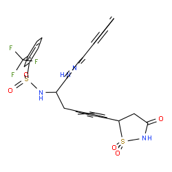 ChemSpider 2D Image | N-{2-[4-(1,1-Dioxido-3-oxo-1,2-thiazolidin-5-yl)phenyl]-1-(4-phenyl-1H-imidazol-2-yl)ethyl}-3-(trifluoromethyl)benzenesulfonamide | C27H23F3N4O5S2