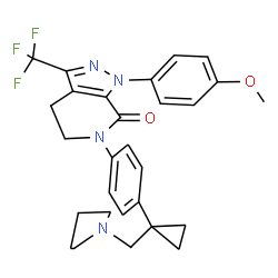 ChemSpider 2D Image | 1-(4-methoxyphenyl)-6-(4-(1-(pyrrolidin-1-ylmethyl)cyclopropyl)phenyl)-3-(trifluoromethyl)-5,6-dihydro-1H-pyrazolo[3,4-c]pyridin-7(4H)-one | C28H29F3N4O2