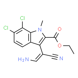 ChemSpider 2D Image | Ethyl 3-[(E)-2-amino-1-cyanovinyl]-6,7-dichloro-1-methyl-1H-indole-2-carboxylate | C15H13Cl2N3O2