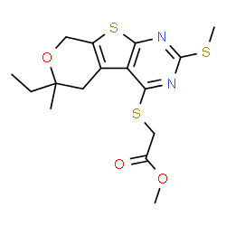 ChemSpider 2D Image | Methyl {[6-ethyl-6-methyl-2-(methylsulfanyl)-5,8-dihydro-6H-pyrano[4',3':4,5]thieno[2,3-d]pyrimidin-4-yl]sulfanyl}acetate | C16H20N2O3S3