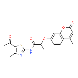 ChemSpider 2D Image | N-(5-Acetyl-4-methyl-1,3-thiazol-2-yl)-2-[(4-methyl-2-oxo-2H-chromen-7-yl)oxy]propanamide | C19H18N2O5S