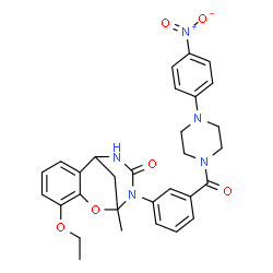 ChemSpider 2D Image | 6-Ethoxy-9-methyl-10-(3-{[4-(4-nitrophenyl)-1-piperazinyl]carbonyl}phenyl)-8-oxa-10,12-diazatricyclo[7.3.1.0~2,7~]trideca-2,4,6-trien-11-one | C30H31N5O6