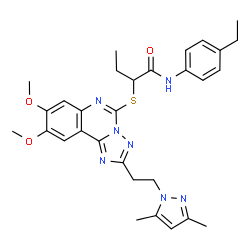 ChemSpider 2D Image | 2-({2-[2-(3,5-Dimethyl-1H-pyrazol-1-yl)ethyl]-8,9-dimethoxy[1,2,4]triazolo[1,5-c]quinazolin-5-yl}sulfanyl)-N-(4-ethylphenyl)butanamide | C30H35N7O3S