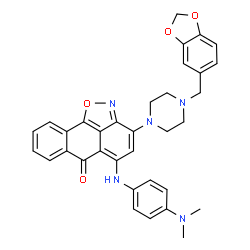 ChemSpider 2D Image | 3-[4-(1,3-Benzodioxol-5-ylmethyl)-1-piperazinyl]-5-{[4-(dimethylamino)phenyl]amino}-6H-anthra[1,9-cd][1,2]oxazol-6-one | C34H31N5O4