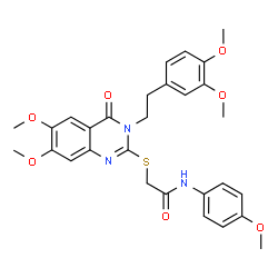 ChemSpider 2D Image | 2-({3-[2-(3,4-Dimethoxyphenyl)ethyl]-6,7-dimethoxy-4-oxo-3,4-dihydro-2-quinazolinyl}sulfanyl)-N-(4-methoxyphenyl)acetamide | C29H31N3O7S
