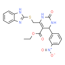 ChemSpider 2D Image | Ethyl 6-[(1H-benzimidazol-2-ylsulfanyl)methyl]-4-(3-nitrophenyl)-2-oxo-1,2,3,4-tetrahydro-5-pyrimidinecarboxylate | C21H19N5O5S