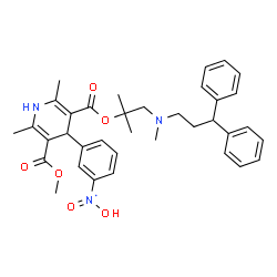 ChemSpider 2D Image | (3-{3-[({1-[(3,3-Diphenylpropyl)(methyl)amino]-2-methyl-2-propanyl}oxy)carbonyl]-5-(methoxycarbonyl)-2,6-dimethyl-1,4-dihydro-4-pyridinyl}phenyl)(hydroxy)oxido-lambda~5~-azanyl | C36H42N3O6