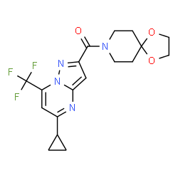 ChemSpider 2D Image | [5-Cyclopropyl-7-(trifluoromethyl)pyrazolo[1,5-a]pyrimidin-2-yl](1,4-dioxa-8-azaspiro[4.5]dec-8-yl)methanone | C18H19F3N4O3
