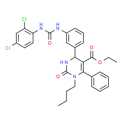 ChemSpider 2D Image | Ethyl 1-butyl-4-(3-{[(2,4-dichlorophenyl)carbamoyl]amino}phenyl)-2-oxo-6-phenyl-1,2,3,4-tetrahydro-5-pyrimidinecarboxylate | C30H30Cl2N4O4