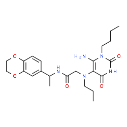 ChemSpider 2D Image | N~2~-(6-Amino-1-butyl-2,4-dioxo-1,2,3,4-tetrahydro-5-pyrimidinyl)-N-[1-(2,3-dihydro-1,4-benzodioxin-6-yl)ethyl]-N~2~-propylglycinamide | C23H33N5O5