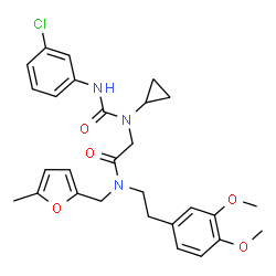 ChemSpider 2D Image | N~2~-[(3-Chlorophenyl)carbamoyl]-N~2~-cyclopropyl-N-[2-(3,4-dimethoxyphenyl)ethyl]-N-[(5-methyl-2-furyl)methyl]glycinamide | C28H32ClN3O5