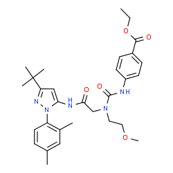 ChemSpider 2D Image | Ethyl 4-{[(2-{[1-(2,4-dimethylphenyl)-3-(2-methyl-2-propanyl)-1H-pyrazol-5-yl]amino}-2-oxoethyl)(2-methoxyethyl)carbamoyl]amino}benzoate | C30H39N5O5