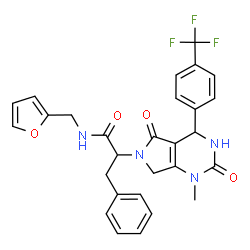 ChemSpider 2D Image | N-(2-Furylmethyl)-2-{1-methyl-2,5-dioxo-4-[4-(trifluoromethyl)phenyl]-1,2,3,4,5,7-hexahydro-6H-pyrrolo[3,4-d]pyrimidin-6-yl}-3-phenylpropanamide | C28H25F3N4O4