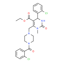 ChemSpider 2D Image | Ethyl 6-{[4-(2-chlorobenzoyl)-1-piperazinyl]methyl}-4-(2-chlorophenyl)-1-methyl-2-oxo-1,2,3,4-tetrahydro-5-pyrimidinecarboxylate | C26H28Cl2N4O4