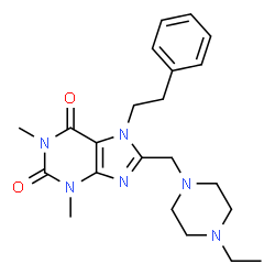 ChemSpider 2D Image | 8-[(4-Ethyl-1-piperazinyl)methyl]-1,3-dimethyl-7-(2-phenylethyl)-3,7-dihydro-1H-purine-2,6-dione | C22H30N6O2