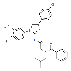 ChemSpider 2D Image | 2-Chloro-N-(2-{[4-(4-chlorophenyl)-1-(3,4-dimethoxyphenyl)-1H-imidazol-2-yl]amino}-2-oxoethyl)-N-isobutylbenzamide | C30H30Cl2N4O4