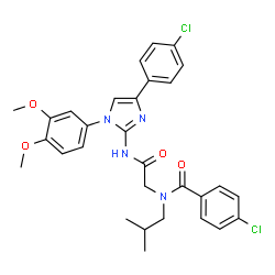 ChemSpider 2D Image | 4-Chloro-N-(2-{[4-(4-chlorophenyl)-1-(3,4-dimethoxyphenyl)-1H-imidazol-2-yl]amino}-2-oxoethyl)-N-isobutylbenzamide | C30H30Cl2N4O4