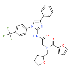 ChemSpider 2D Image | N-[2-Oxo-2-({4-phenyl-1-[4-(trifluoromethyl)phenyl]-1H-imidazol-2-yl}amino)ethyl]-N-(tetrahydro-2-furanylmethyl)-2-furamide | C28H25F3N4O4