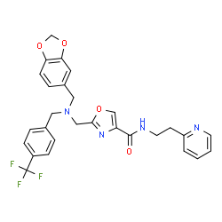 ChemSpider 2D Image | 2-({(1,3-Benzodioxol-5-ylmethyl)[4-(trifluoromethyl)benzyl]amino}methyl)-N-[2-(2-pyridinyl)ethyl]-1,3-oxazole-4-carboxamide | C28H25F3N4O4