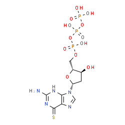 ChemSpider 2D Image | 2-Amino-9-[2-deoxy-5-O-(hydroxy{[hydroxy(phosphonooxy)phosphoryl]oxy}phosphoryl)-beta-D-erythro-pentofuranosyl]-3,9-dihydro-6H-purine-6-thione | C10H16N5O12P3S