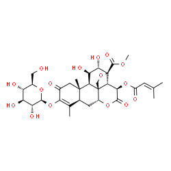 ChemSpider 2D Image | Methyl (11beta,12alpha,15beta)-3-(beta-D-glucopyranosyloxy)-11,12-dihydroxy-15-[(3-methylbut-2-enoyl)oxy]-2,16-dioxo-13,20-epoxypicras-3-en-21-oate | C32H42O16
