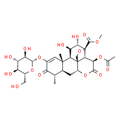 ChemSpider 2D Image | Methyl (11beta,12alpha,13beta,15beta)-15-acetoxy-2-(beta-D-glucopyranosyloxy)-11,12-dihydroxy-3,16-dioxo-13,20-epoxypicras-1-en-21-oate | C29H38O16