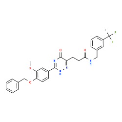 ChemSpider 2D Image | 3-{3-[4-(Benzyloxy)-3-methoxyphenyl]-5-oxo-2,5-dihydro-1,2,4-triazin-6-yl}-N-[3-(trifluoromethyl)benzyl]propanamide | C28H25F3N4O4