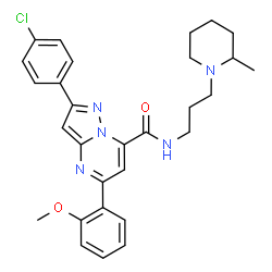 ChemSpider 2D Image | 2-(4-Chlorophenyl)-5-(2-methoxyphenyl)-N-[3-(2-methyl-1-piperidinyl)propyl]pyrazolo[1,5-a]pyrimidine-7-carboxamide | C29H32ClN5O2