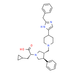 ChemSpider 2D Image | (2R)-2-[(3S,4S)-3-{[4-(2-Benzyl-1H-imidazol-5-yl)-1-piperidinyl]methyl}-4-phenyl-1-pyrrolidinyl]-3-cyclopropylpropanoic acid | C32H40N4O2