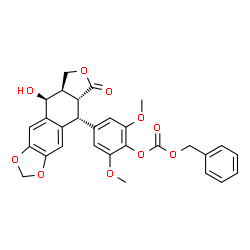 ChemSpider 2D Image | Benzyl 4-[(5R,5aR,8aR,9S)-9-hydroxy-6-oxo-5,5a,6,8,8a,9-hexahydrofuro[3',4':6,7]naphtho[2,3-d][1,3]dioxol-5-yl]-2,6-dimethoxyphenyl carbonate | C29H26O10